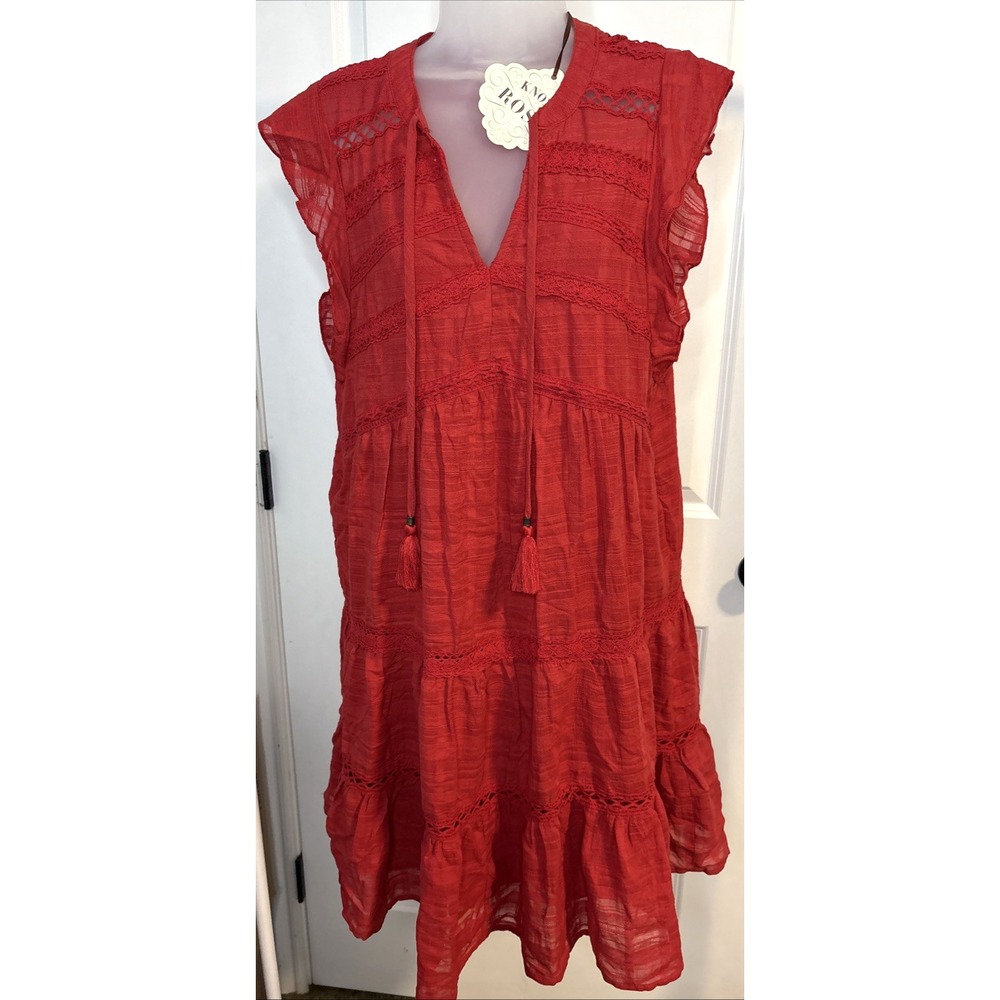 New flowy Medium Red Short Sleeve Knee Length Tiered Dress Womens Knox Rose - Picture 2 of 11